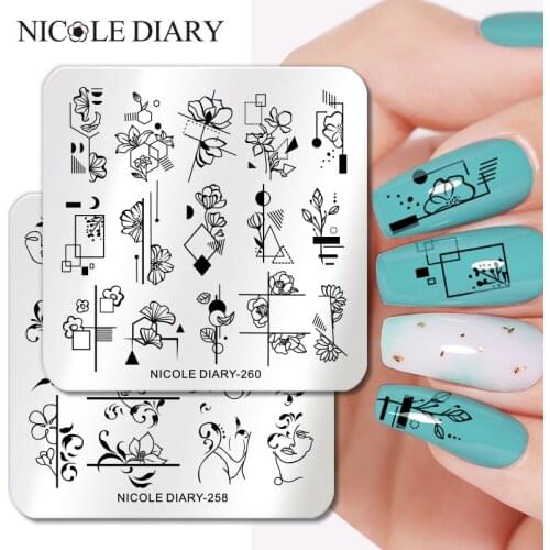 NICOLE DIARY Geometric Stripe Flower Nail Stamping Plates Abstract Face Line Image Printing Stencil Manicuring Stamp Templates