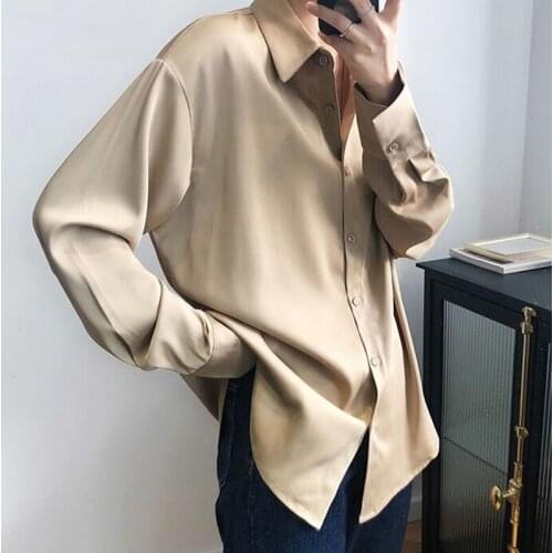 Vintage Elegant Office Ladies Solid Satin Shirts 2021 Fashion Women Blouses New Long Sleeve Turn Down Collar Loose Tops