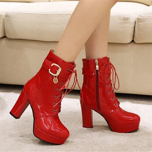 Women Patent leather Ankle Boots Platform Lace Up High Heel Boots Buckle Solid Color Round Toe Sexy Ladies Boots Plus Size 43