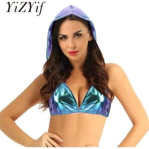 Women bra top Shiny Metallic Deep V Neck Backless Hooded Bustier Bra Bikini Tops Tank Crop Tops Sexy String Bra Swimsuit Top