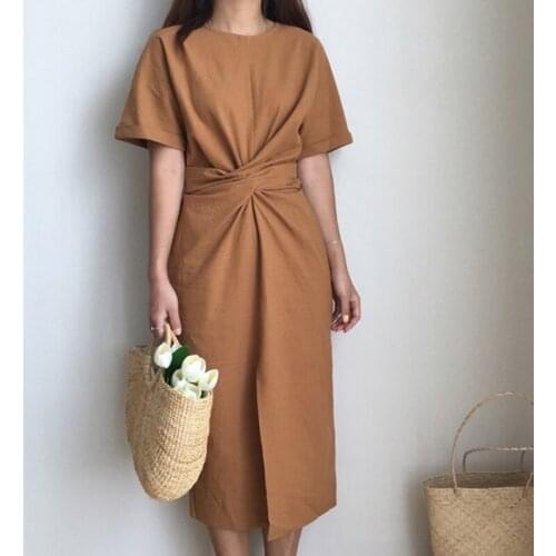Bigsweety Casual Loose Dress Elegant Women Short Sleeve O Neck Mid-calf Front Split Dresses Female Skinny Dress Vestidos