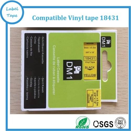 5pcs/lot Compatible dymo vinyl tape 3/8''x18'' 9mmx5.5m black on yellow 18431