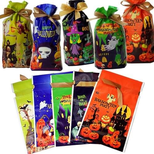 50pcs Halloween Candy Bags Drawstring Gift Bag Trick Or Treat Kids Gift Pumpkin Bat Candy Boxes Halloween Party Decoration