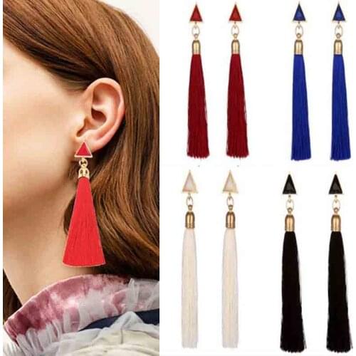 Bohemian Vintage Tassel Dangle Long Drop Earrings for Women Red Cotton Silk Fabric Fringe Earrings New Fashion Woman Jewelry