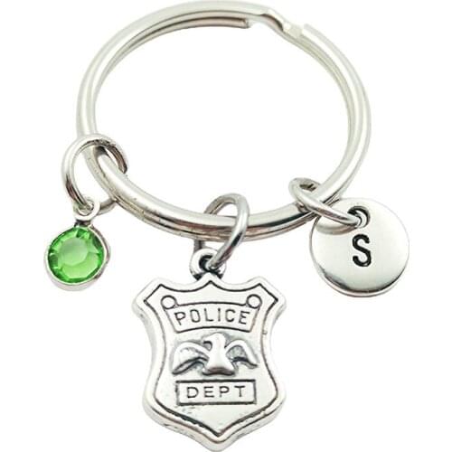 Police Dept Initial Letter Monogram Birthstone Keychains Keyrings Creative Fashion Jewelry Women Gifts Accessories Pendants