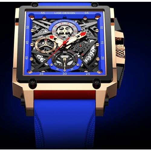 Hollow Square Mens Watches Chronograph LIGE Brand Luxury Automatic Date Men Watch Waterproof Male Wristwatches Relogio Masculino