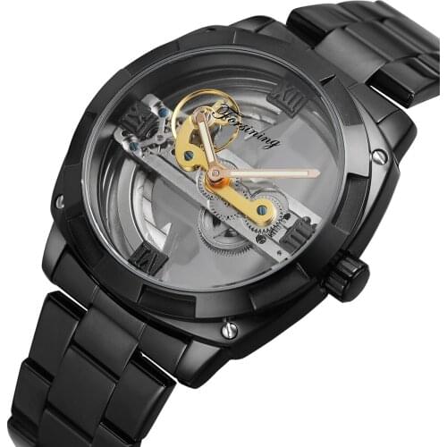 New Forsining Gold Automatic Watch Men Clock Skeleton Watches Mechanical Military Watch Men full Steel Stainless Band Luxury