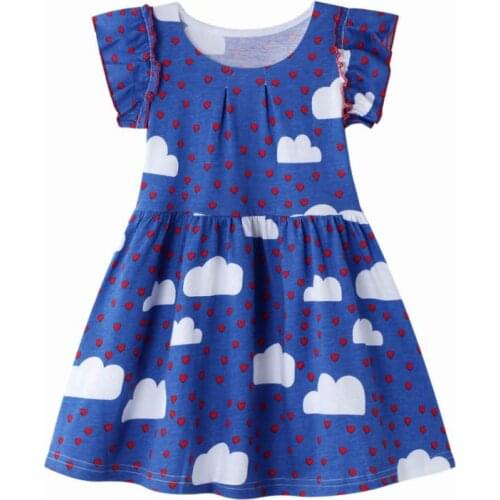 27kids New Girls with Short Sleeve Skirt Round Neck Cotton Kids Summer Clouds Love Heart Pattern Dress for Baby Clother 2-7Years