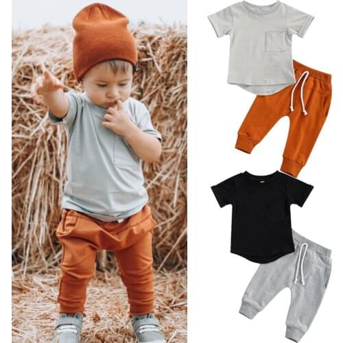 FOCUSNORM 2 Colors 0-24M Summer Baby Boys Clothes Sets Solid Pocket Short Sleeve T Shirts Elastic Long Pants