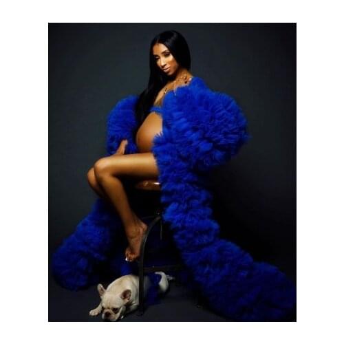 Royal Blue Puffy Tulle Pregnancy Robes Extra Fluffy Ruffles Custom Made Plus Size Maternity Gowns For Photo Shoot