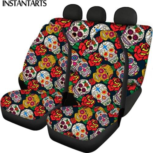 INSTANTARTS Fashion Rose Flower Sugar Skull Pattern Soft Front and Back Car Seat Covers Full Set Easy Clean Car Seat Protector