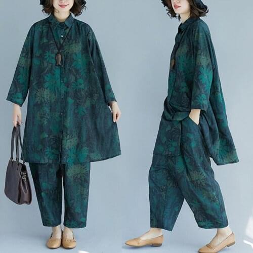 Fashion ethnic 2021 spring new mid-length Color shirt + wide-leg pants suit casual extra-large loose two-piece womens sets s597