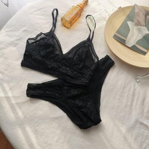 Soft and sexy brassiere panty set ultra-thin perspective suit soft non-sponge wirefree underwear deep v push bra underwear pants