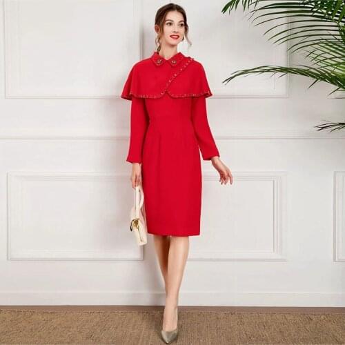 MIUXIMAO 2021 New Autumn Womens Clothing Peter Pan Collar Cloak Long Sleeve Slim Waist Dress Elegant Fashion Office Style