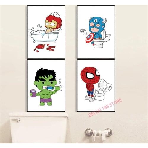 Marvel Avengers Superhero Brushing Bathing Pooping Posters Prints Funny Bathroom Sign Hero Canvas Painting Toilet Wall Art Decor