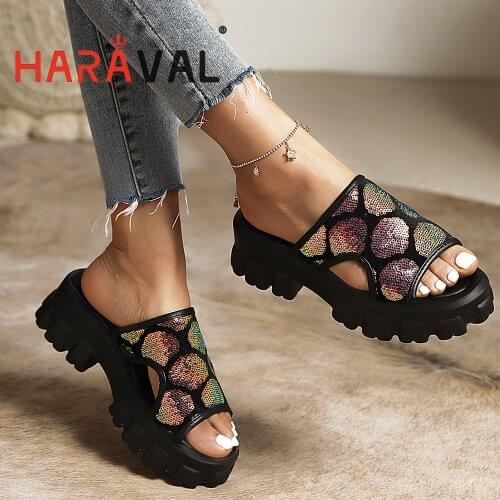HARAVAL Women Slides Shoes High Heels Flat With Platform Summer Patchwork Outside Adult Elegant Women Footwear High Quality B327