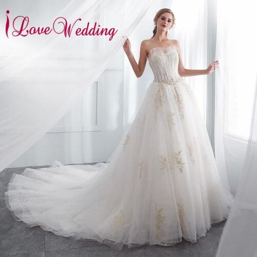 ILoveWedding vestido de noiva Sweetheart Gold Lace Applique Sleeveless Court Train A Line Tulle Wedding Dress