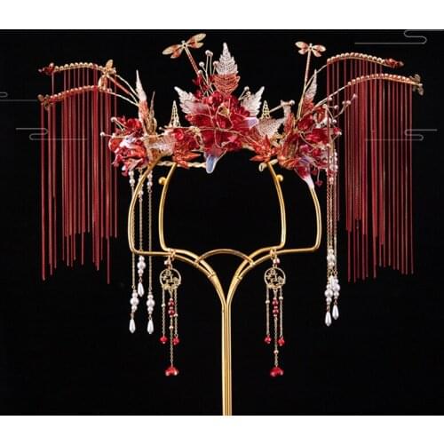 New Chinese Brides Tiara Wedding Headdress Grand Ancient Red Liquid Making Flower Phoenix Crown Suit Antique Accessories