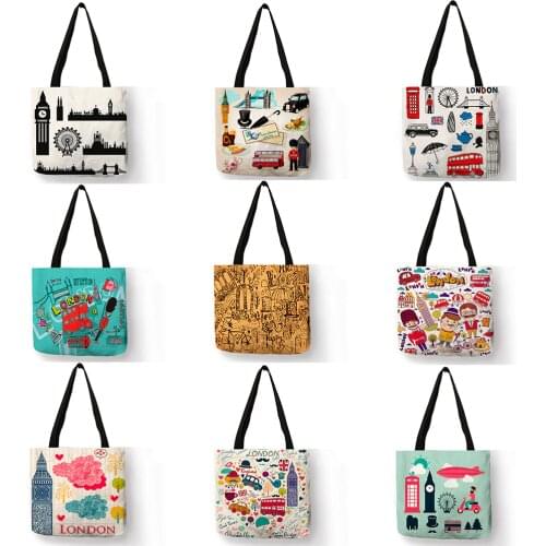 Large Capacity Female Single Shoulder Bag London Famous Landscape Pattern Linen Handbags Casual Foldbable Tote Shopping Bags