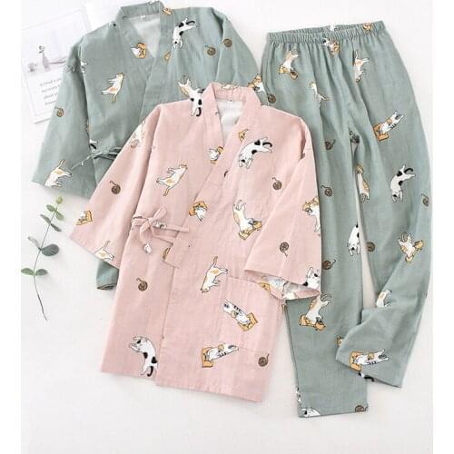 Japanese kimono suit couple pajamas men and women spring and autumn encryption cotton gauze kimono home service summer robe sets