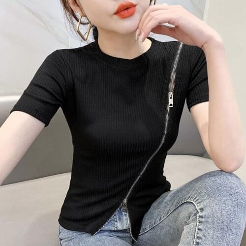 2021 summer new Women short Sleeve zipper T Shirt Women Fashion Tops Casual Slim O collar Woman T Shirts tops