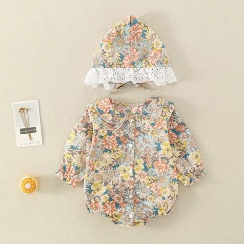 0-2 year baby girl spring clothes baby girl doll collar Korean style western long-sleeved one-piece free hat floral romper