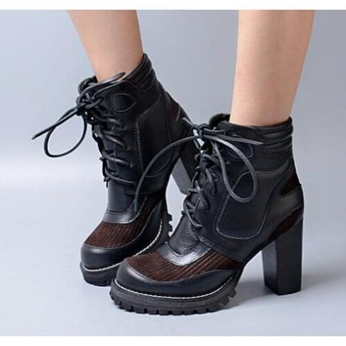 High quality woman genuine cow leather chunky high heel lace up ankle boots real photo