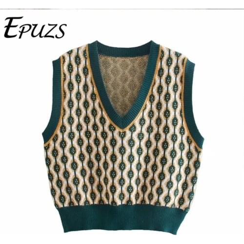 Vinatege V-Neck Plaid Sleeveless Knitted Sweater 2021 Za Women Fashion Slim Warm Sweet Vest Sweater Casual Loose Chic Top