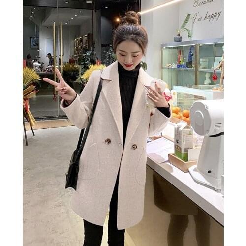 Black Woolen Coat Women Mid-length 2020 Womens Single-breasted Korean Autumn Winter Long-sleeved Woolen Coat Female Pocket Q272