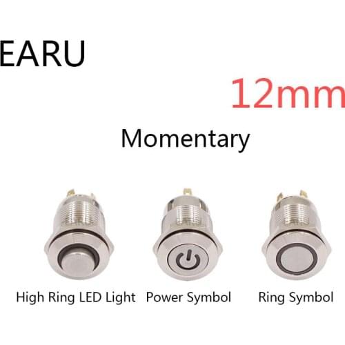 1PC 12MM Momentary LED 3V 5V 6V12V 24V 220V Metal Button Switch Instantaneous Button Automatic Reset LED Waterproof Button