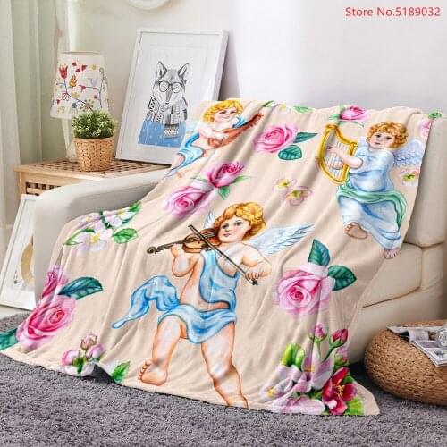 3D Print Flannel Blanket Angel Flower Cartoon Kids Gift Blanket Soft Warm Bed Cover Large Bedspread Large Blanket on Sofa Bed