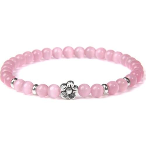 6 mm Pink Cat Eye Stone Beads Bracelets Men Handmade Silver Color Craft Flower Charm Bracelet Women Birthday Gift Shiny Jewelry
