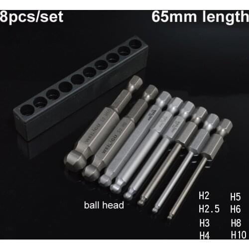 8Pcs/set 1/4" 65mm H2-H10 Ball Head Hex Screwdriver Bit S2 Magnetic Electric Drill Hexagonal Screwdriver Head Power Driver Tool