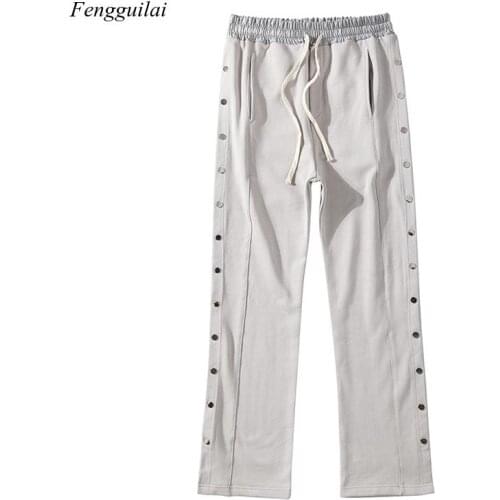 Double Side Button Jogger Sweatpants Men Elastic Wasit Streetwear Loose Casual Hip Hop Trousers Wide Leg Harajuku Cargo Pants