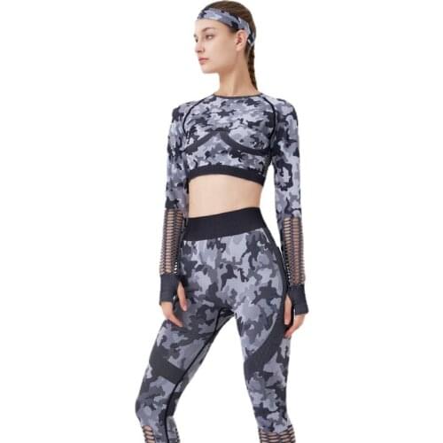 CXUEY Camo Yoga Costume Fitness Suit 2020 Women Sportswear Dry Fit Crop Top Sports Kit Seamless Gym Workout Clothes for Women L