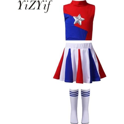 Sleeveless Basketball Football Game Kids School Uniform Kids Girls Skirt Dance Cheerleading Cheerleader Costumes with Socks