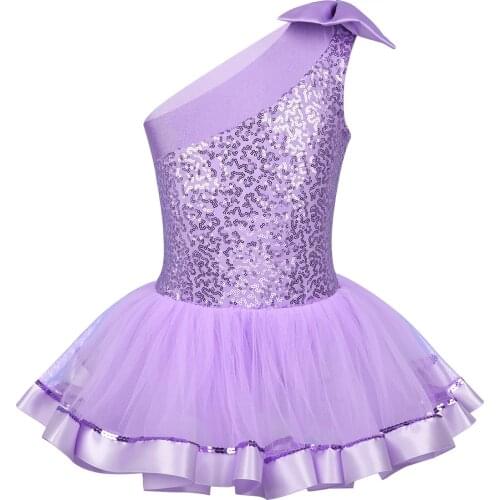 Kids Girls One Shoulder Ballet Dress Bowknot Shiny Sequins Children Dance Exercise Gymnastics Leotard Tutu Dress for Class Stage