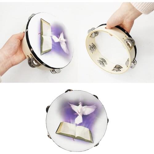 Double Row Jingle Tambourine Handbell Clap Drum Percussion Instrument with & Bible Pattern for Church (8 inch)