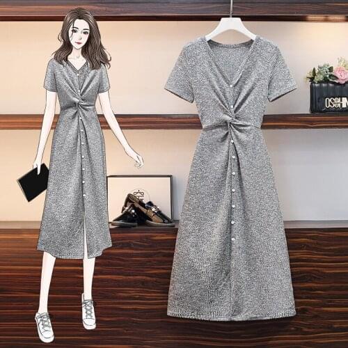 EHQAXIN Womens Knitted Dresses 2021 Summer Autumn Gray V-Neck Short-Sleeved Button Pleated Split French Dress Female L-4XL