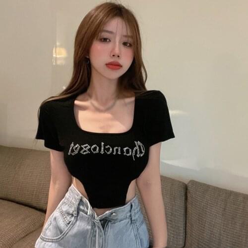 Letter Print Asymmetry Tshirt Women Summer Casual Crop Top T Shirt Ladies Fashion Square Collar Basic T-shirt