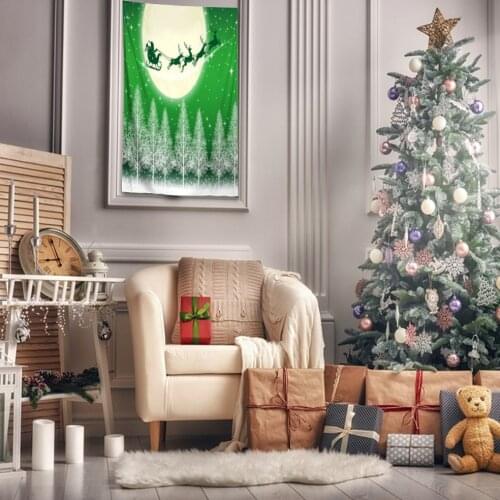 Tapestry Pine Trees Snowy Christmas Night Sky Full Moon Stars Santa Claus Flying on His Sleigh with Reindeers Art White green