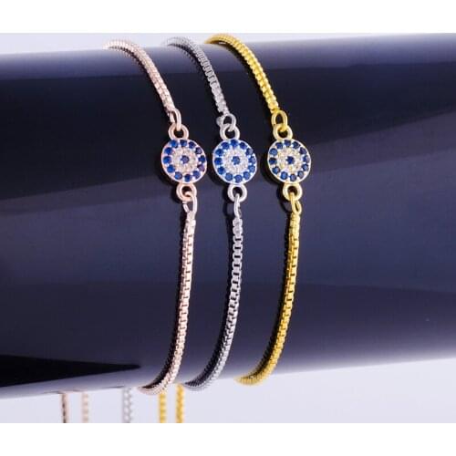Hot Micro Pave Blue Zircon Crystal Evil Eye Friendship Bracelets Handmade Small Square Chain Bracelets Women Diy Bileklik Bayan