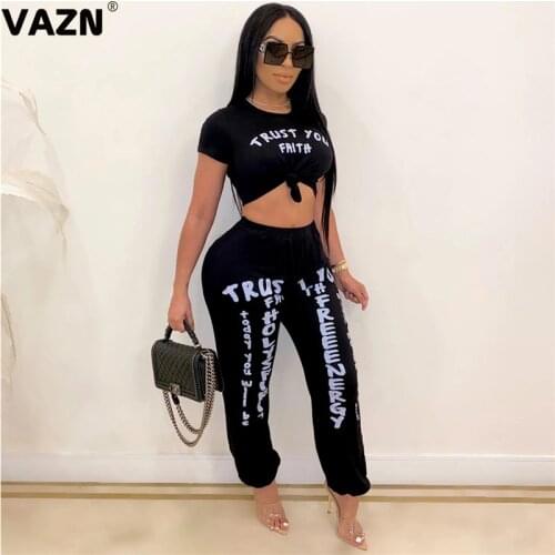 VAZN 2020 Hot Sales Nature Casual Letter Simple Young Regular Tracksuits Short Sleeve Top Long Pants Slim Women 2 Piece Set