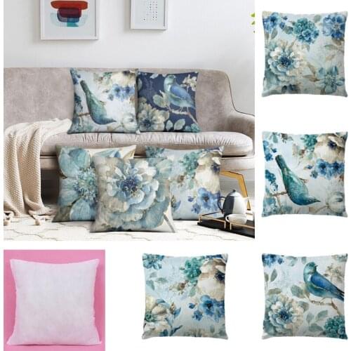 Linen Cotton Cushion Cover Blue Flowers And Birds Pattern Sofa Throw Pillow Case Home Decorative 45cm*45cm Printed Pillow Cover