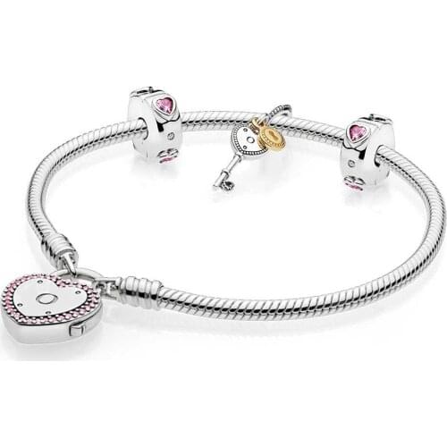 NEW 100% 925 Silver 1:1 Genuine Charm Pink Key Heart Valentine Bracelet Set Elegant Charm Gift