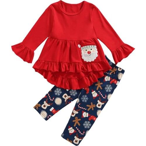Christmas 2Pcs Little Girls Outfit Set Long Sleeve Flared Trailing Tops Santa Claus Snowflake Elk Trousers Set Xmas Kids Toddler