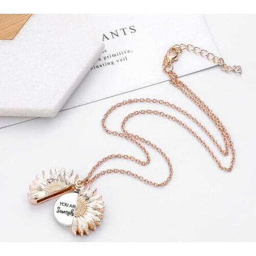 Rose Gold Sunflower Fashion 'You are my sunshine' Open Locket Pendant Pendant Necklace Creative Pearl Bowknot Dangle Jewelry