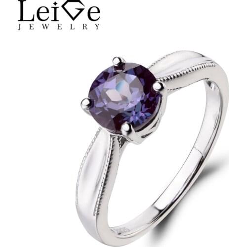 Leige Jewelry Solitaire Ring Lab Alexandrite Ring Promise Ring 925 Sterling Silver Ring June Birthstone Round Cut Gemstone Gifts