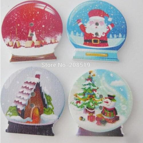 WBNGLO Crystal Ball shape printed wood buttons for christmas decoration mix 100pcs