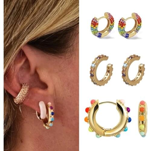 Women CZ Rainbow Earrings Cubic Zirconia Ear Cuff Set for Female Trendy Gold Huggie Clip on Earrings Earcuff Crystal Jewelry